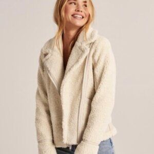 Abercrombie & Fitch Sherpa Moto Jacket Faux Leather Trim Medium Teddy Coat